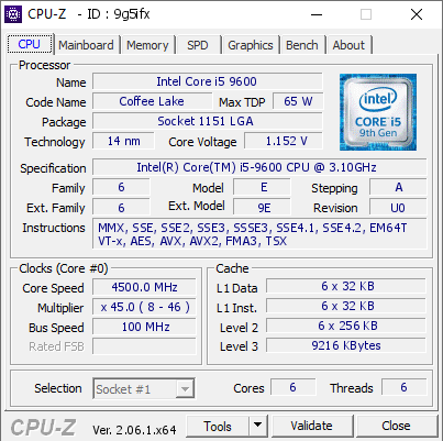 Intel Core i5 9600 @ 4500 MHz - CPU-Z VALIDATOR