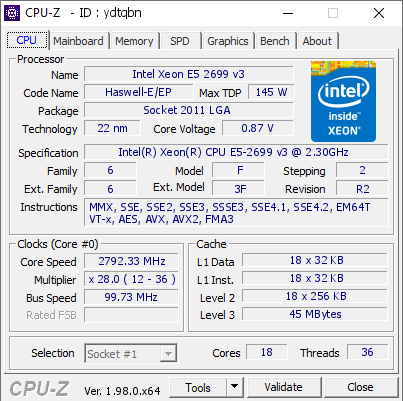 Intel Xeon E5 2699 v3 @ 2792.33 MHz - CPU-Z VALIDATOR