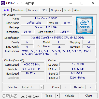 Intel Core i5 9500 @ 4090.75 MHz - CPU-Z VALIDATOR