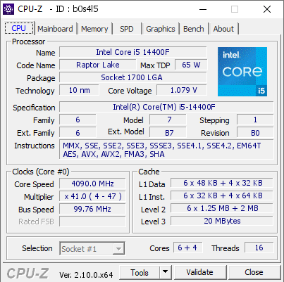 Intel Core i5 14400F @ 4090 MHz - CPU-Z VALIDATOR