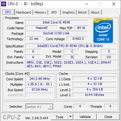 Intel Core i5 4590 @ 3413.99 MHz - CPU-Z VALIDATOR