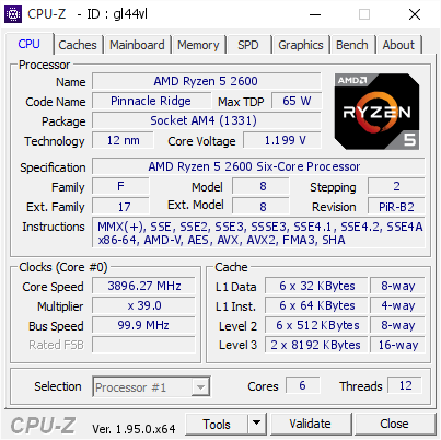 AMD Ryzen 5 2600 @ 3896.27 MHz - CPU-Z VALIDATOR