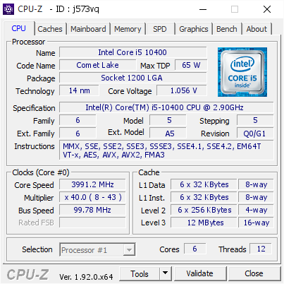 Intel Core i5 10400 @ 3991.2 MHz - CPU-Z VALIDATOR