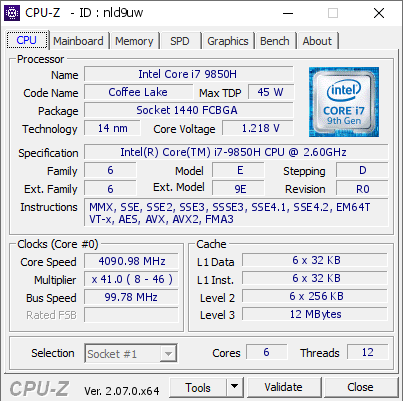 Intel Core i7 9850H @ 4090.98 MHz - CPU-Z VALIDATOR