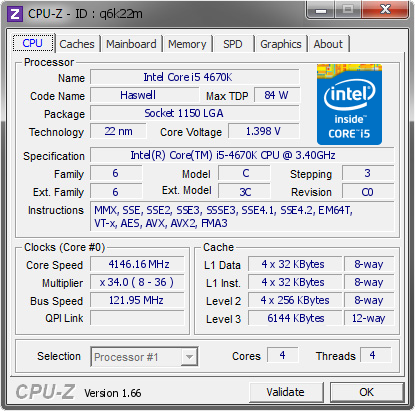 Intel Core i5 4670K @ 4146.16 MHz - CPU-Z VALIDATOR