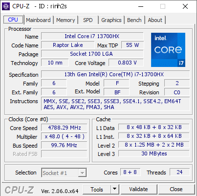 Intel Core i7 13700HX @ 4788.29 MHz - CPU-Z VALIDATOR