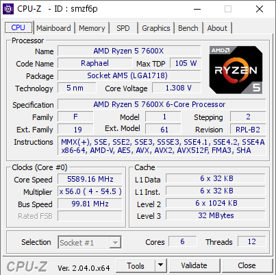 AMD Ryzen 5 7600X @ 5589.16 MHz - CPU-Z VALIDATOR