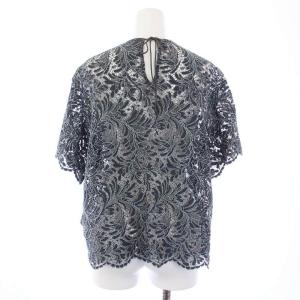 ドゥロワーシルク混半袖ブラウスパフスリーブギャザーネイビー36