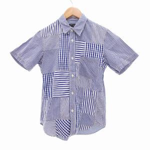16SS パッチワーク シャツ 半袖 ギンガムチェック ストライプ XS 青