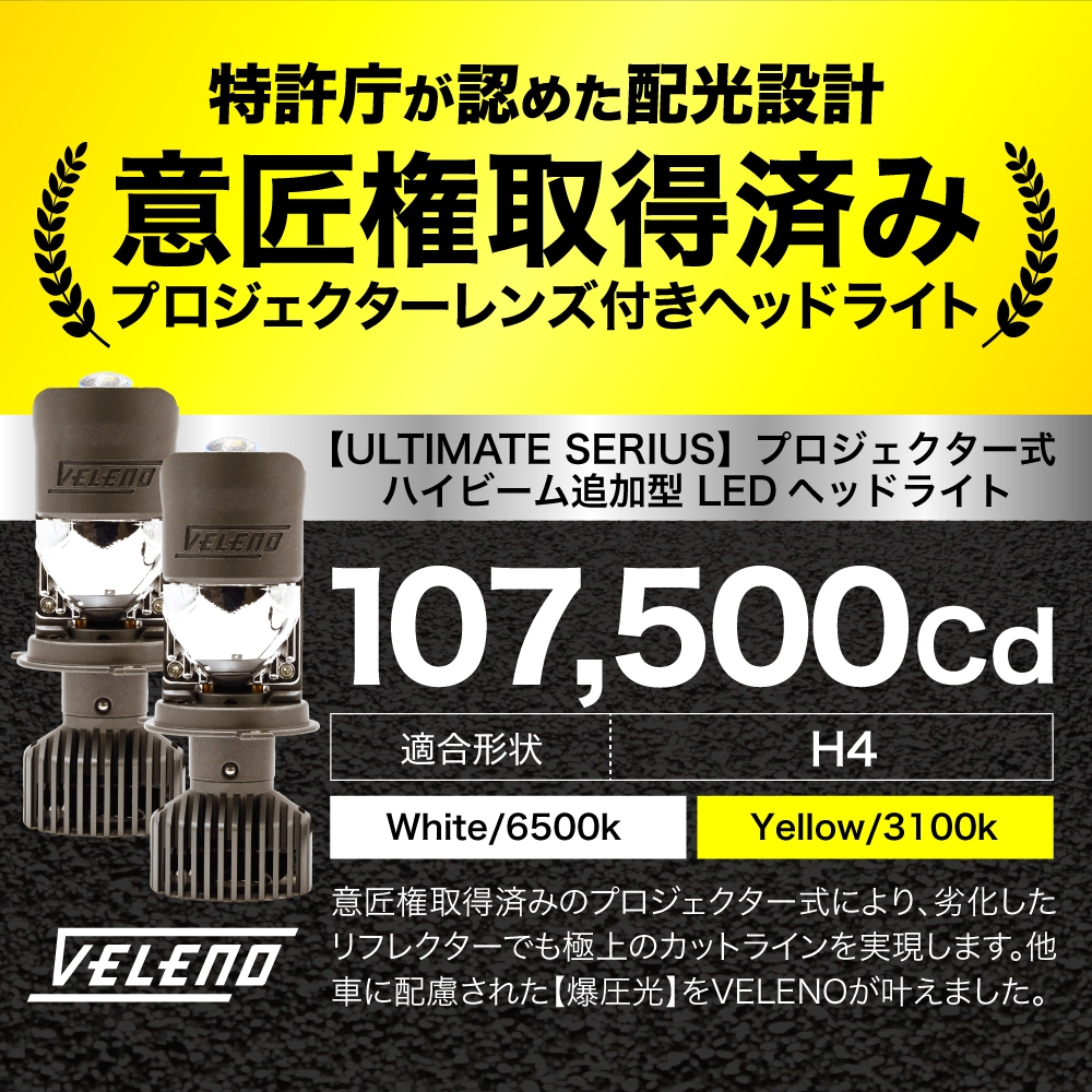 ULTIMATE】H4 専用 プロジェクター ヘッドライト 15000lm | VELENO
