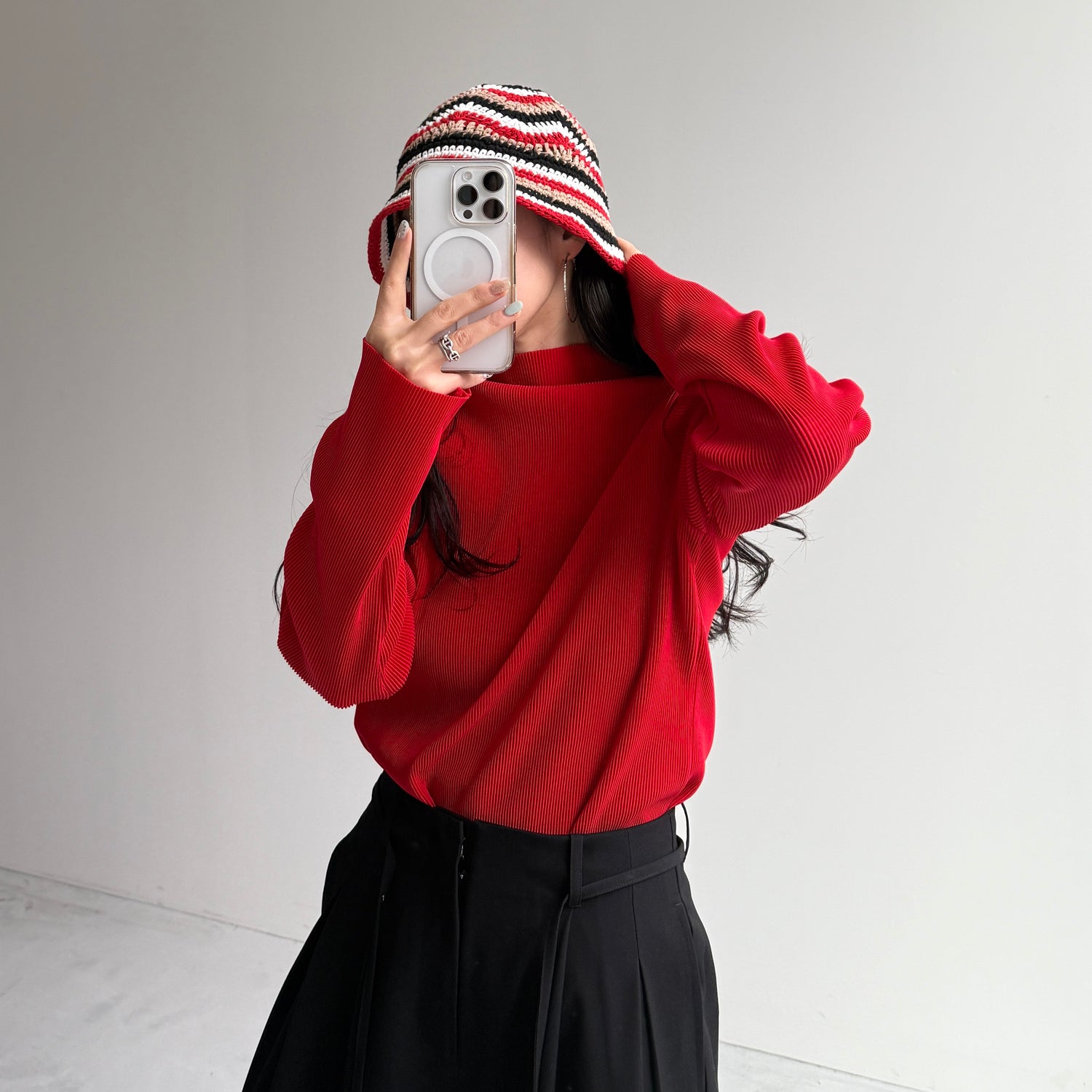 daily daily super stretch pleats tops / red [プチハイ or クルー