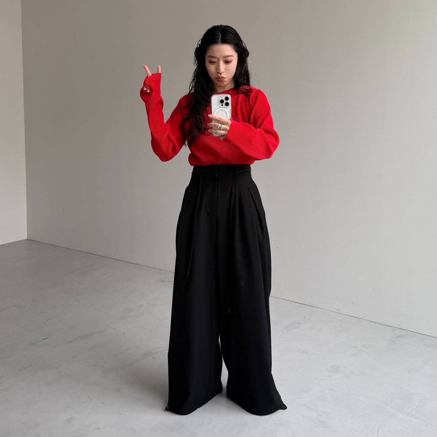 daily daily super stretch pleats tops / red [プチハイ or クルー