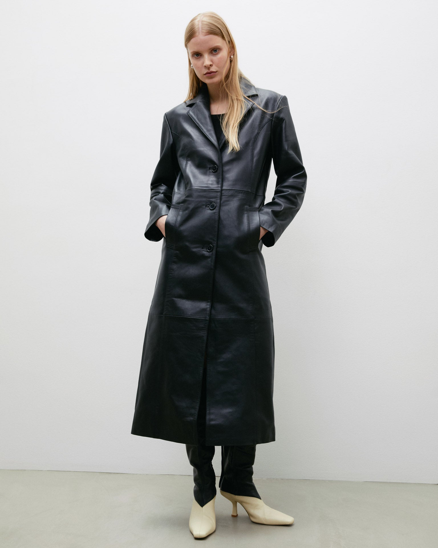 Long Black Upcycled Leather Coat | Worn Vintage