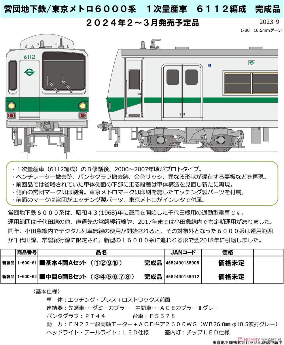 16番(HO) 営団地下鉄/東京メトロ 6000系 1次量産車 6112編成 中間6両B