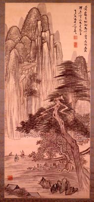 岡田米山人 溪谷幽居図 江戸時代中期 南画家 中国画 山水図 大阪 掛軸ZK02 大坂南画壇最盛期に指導的役割を果たした岡田米山人 - UAG美術家研究所