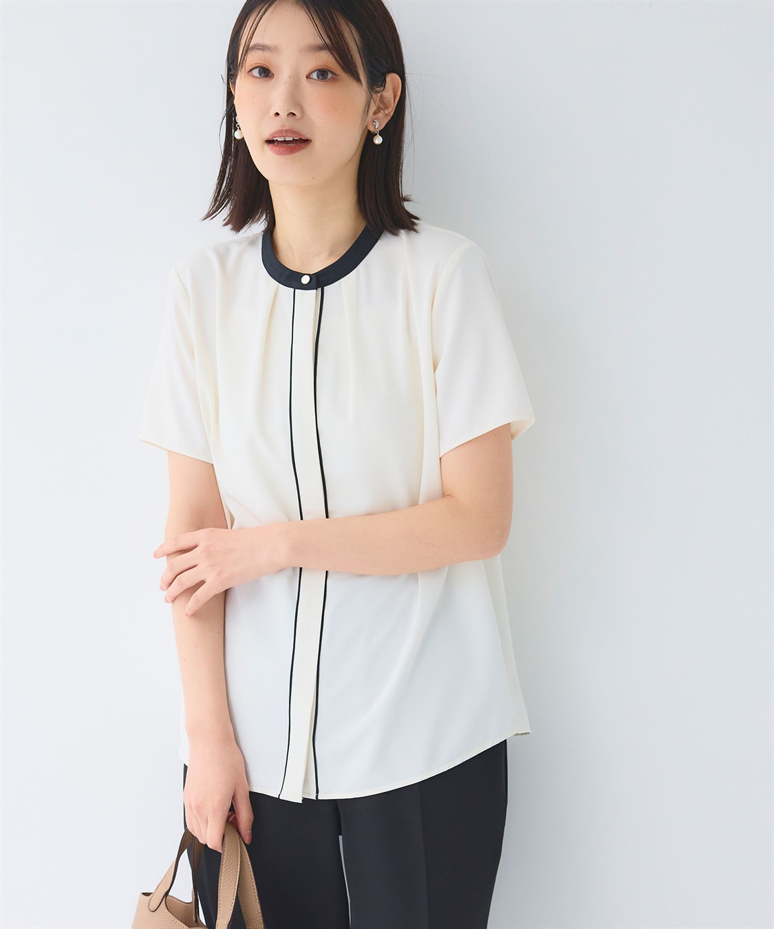 シワになりにくい》正解シルキードライ配色半袖ブラウス CROSS