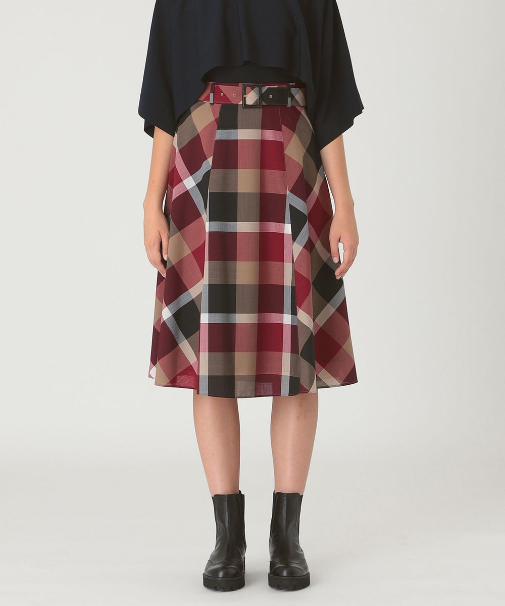 クレストブリッジチェックウールポリエステルフレアスカート（スカート