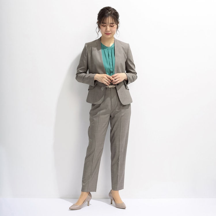 アウトレット】洗えるキレイスーツ グレージュシャーク ノーカラー