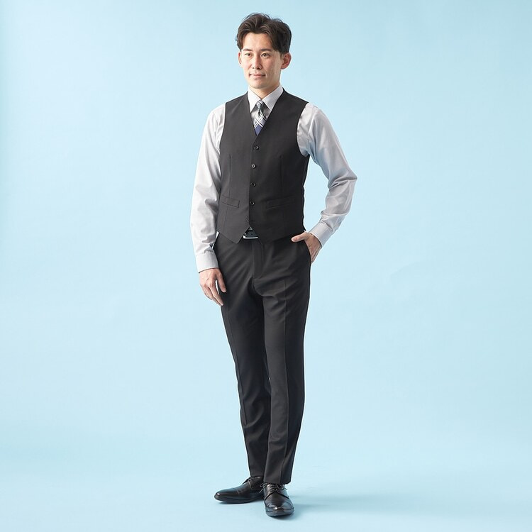 QOS】 洗える 黒シャドー ノータックパンツ LES MUES セットアップ