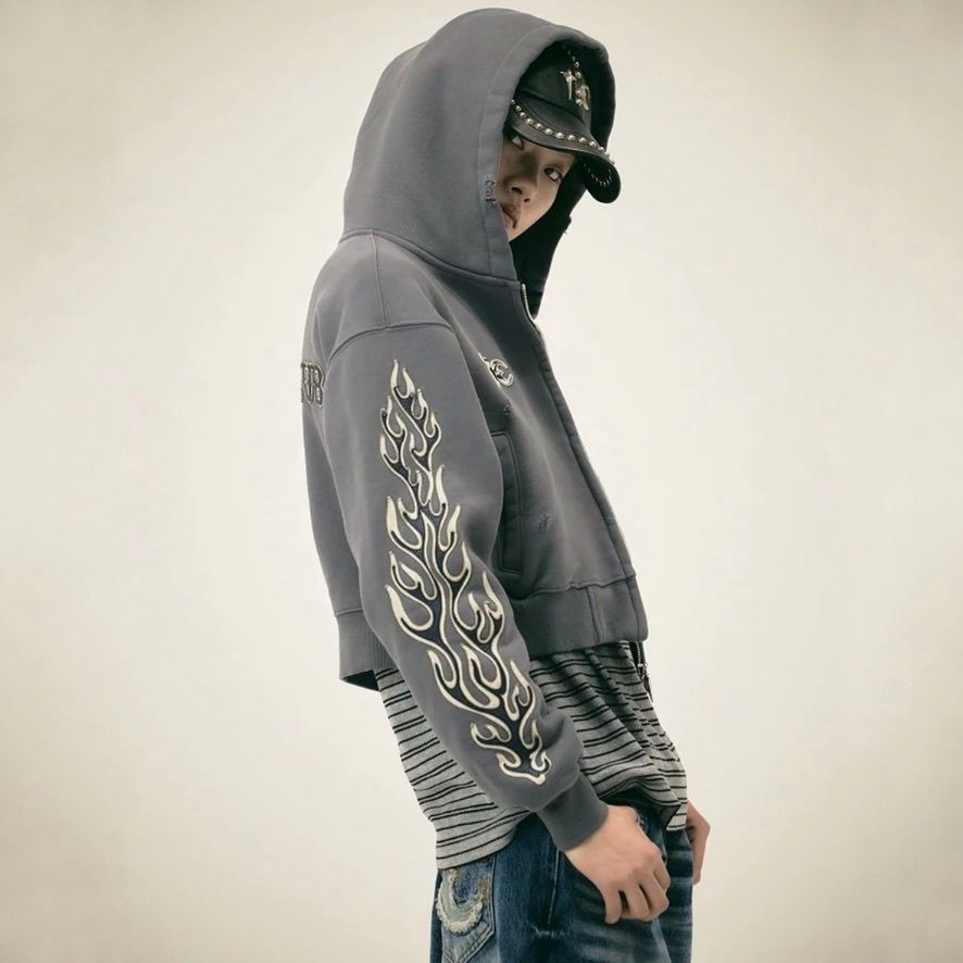 Thug Club - 【残り一点】Leather Flame Cropped Hooded Zip Up