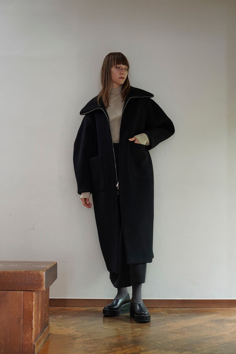 CLANE - エリリブニットシングルコート - RIB COLLAR WOOL LONG COAT