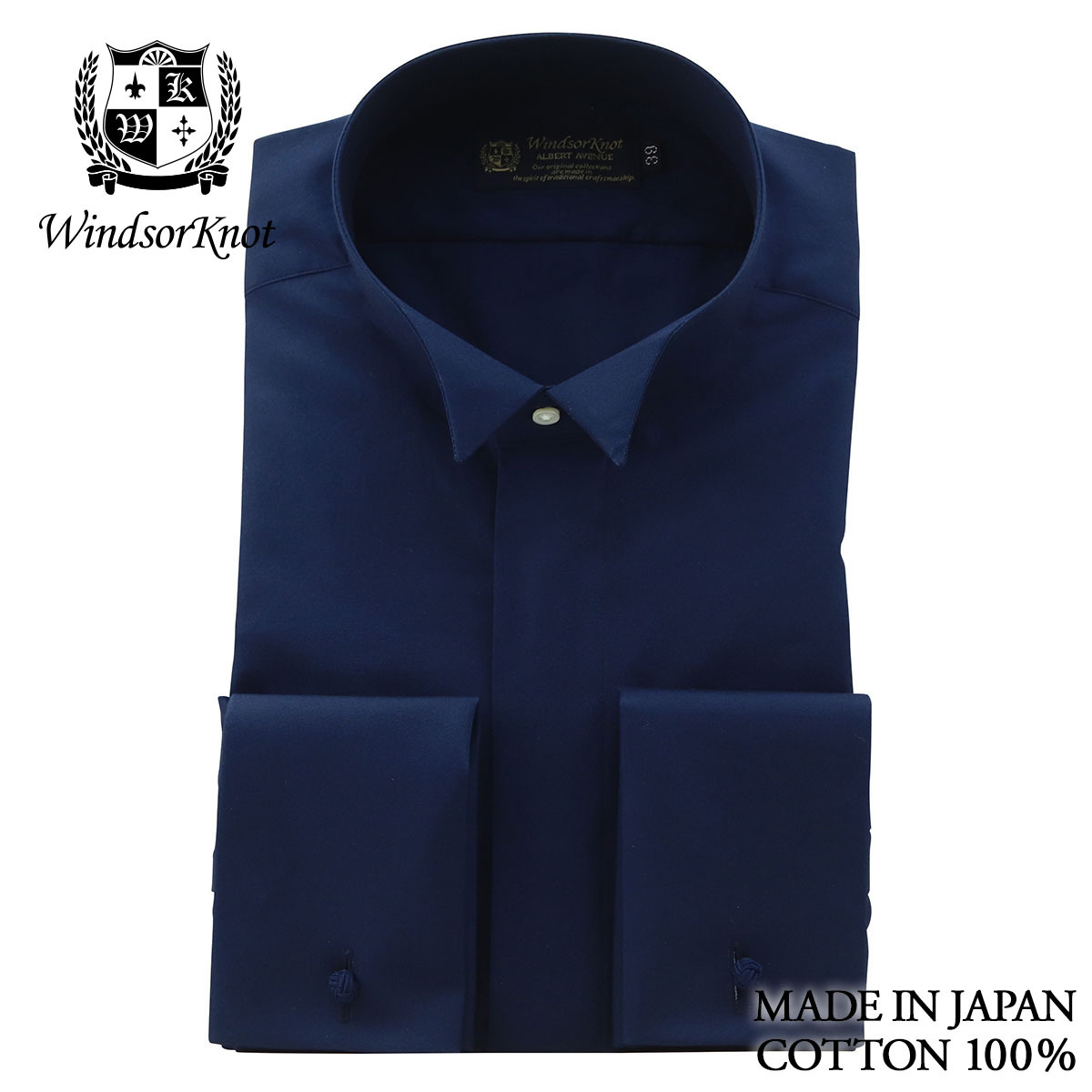 ドレスシャツ ウィングカラー フライフロント ダブルカフス ネイビー