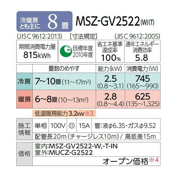 MSZ-GV2522-W 標準取付工事費込 三菱電機 ルームエアコン 霧ヶ峰 GV