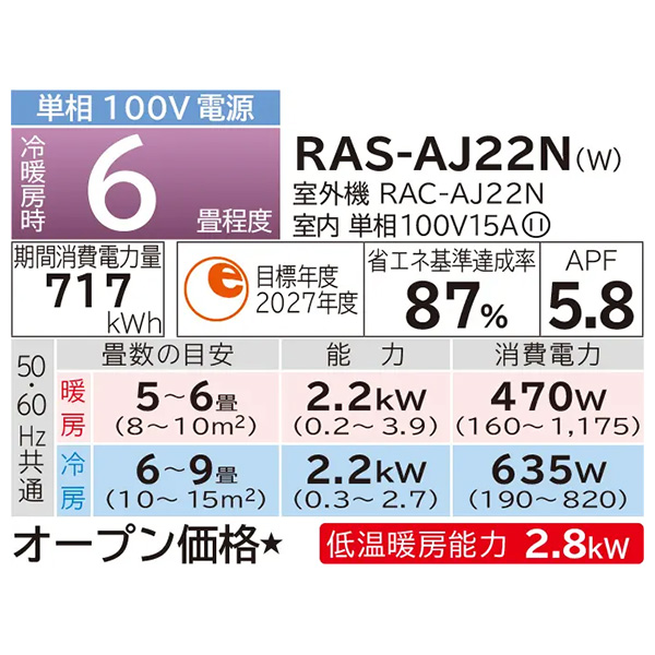 RAS-AJ22N-W 日立 ルームエアコン 白くまくん AJシリーズ 主に6畳