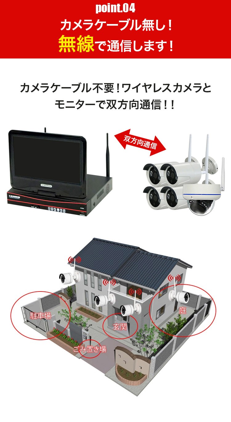 防犯カメラセット カメラ4台セット ワイヤレス 300万画素 10インチ液晶