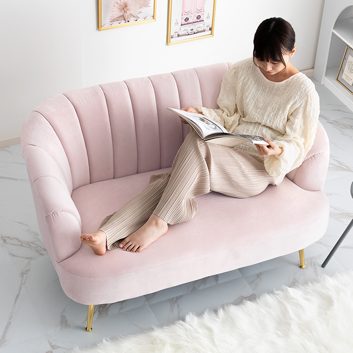 2人掛けシェルソファ ベロア調 ゴールド脚 韓国インテリア Yuffie