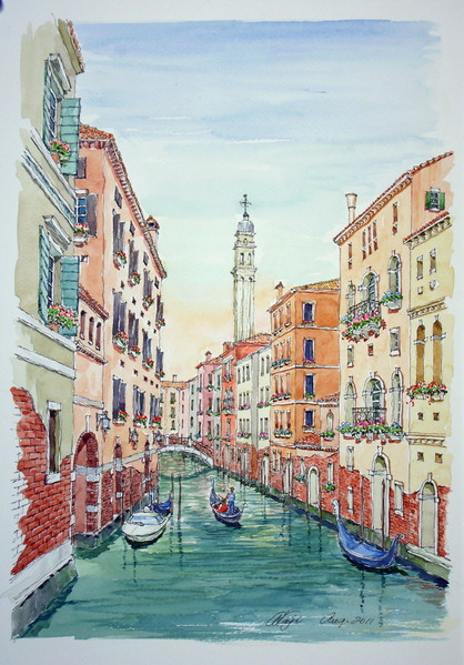 油絵手書き原画 ベニスの運河 イタリア画家バツシーニ作品大作 油絵