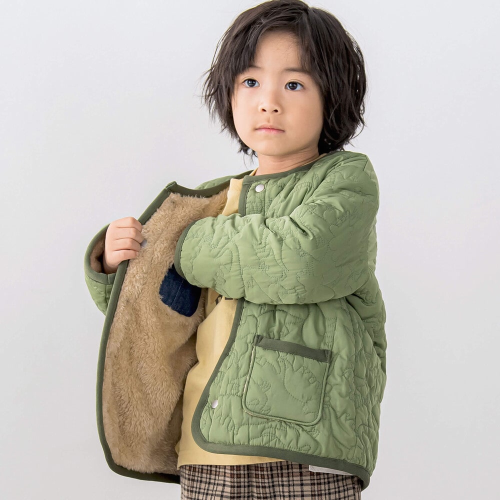 お揃い】恐竜刺しゅう柄中綿キルトボアリバーシブルジャケット(80