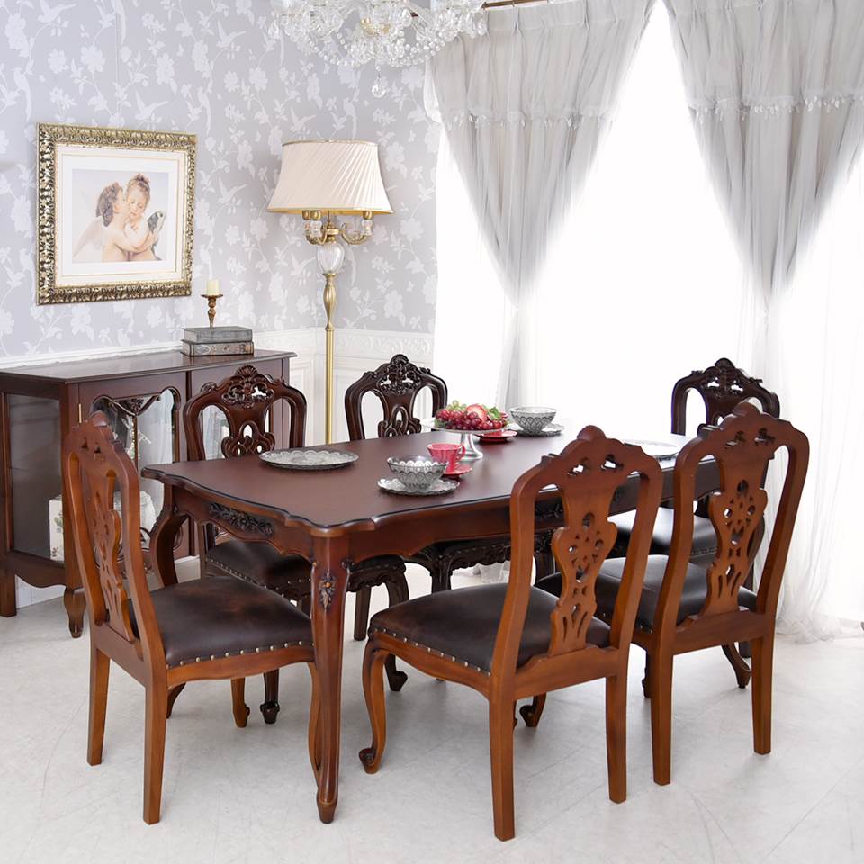 英国調 クイーンアン様式 ダイニングセット7P ブラウン 幅170cm