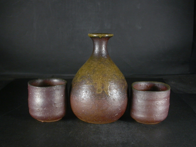 備前焼 登窯 備前焼ベテラン作家 松嶋 勉 共箱付き黄ゴマ酒器セット3