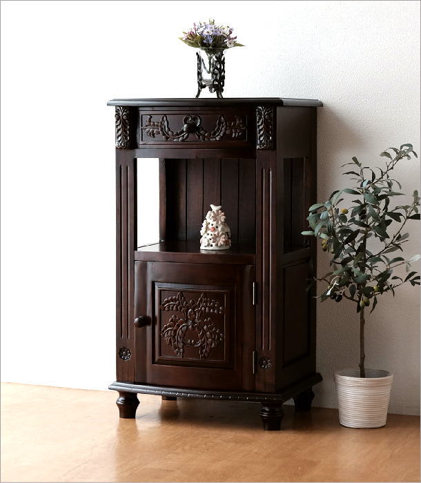 電話台 花台 アンティーク調 玄関 ハイスタンド 木製 キャビネット 扉