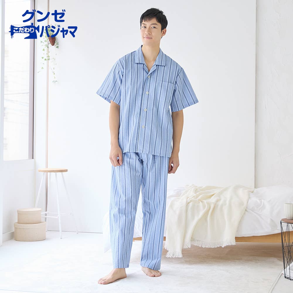 綿100％ 先染サッカー パジャマ 半袖長パンツ SF1035 :メンズ パジャマ