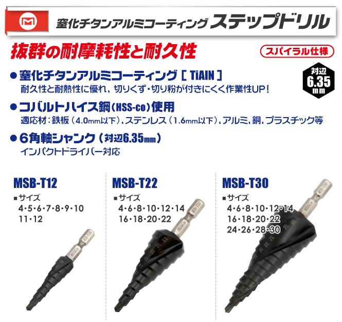 MSB-T30 窒化チタンアルミコーティングステップドリル｜電設工具の