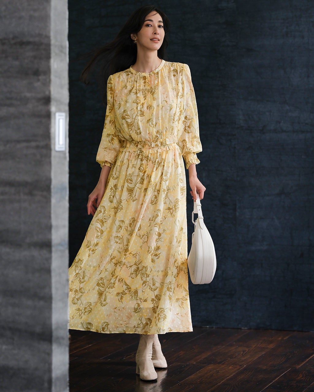 プリントジャカード・ギャザーワンピース/DoCLASSE