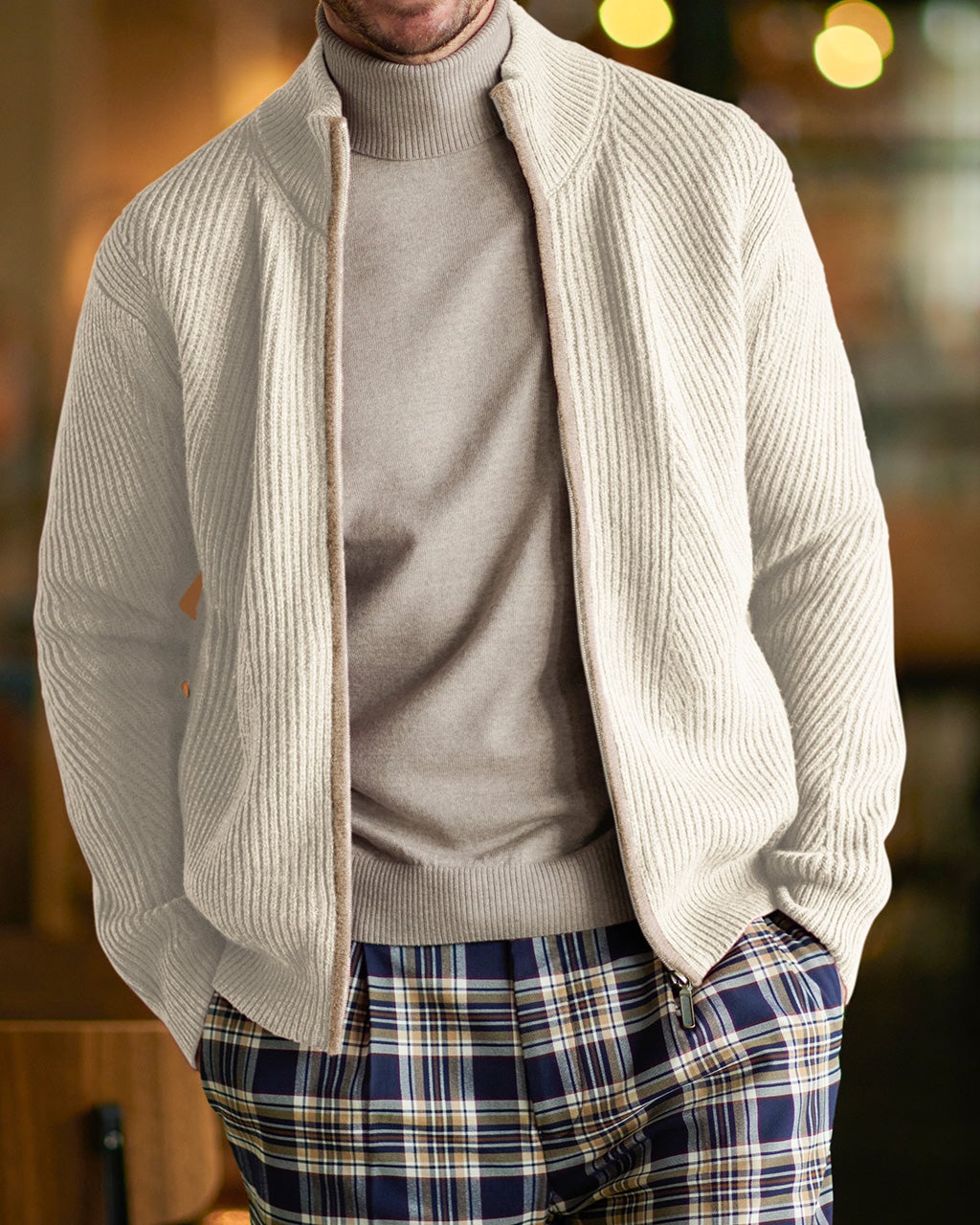 リブ編みハイネック ジップカーディガン/DoCLASSE