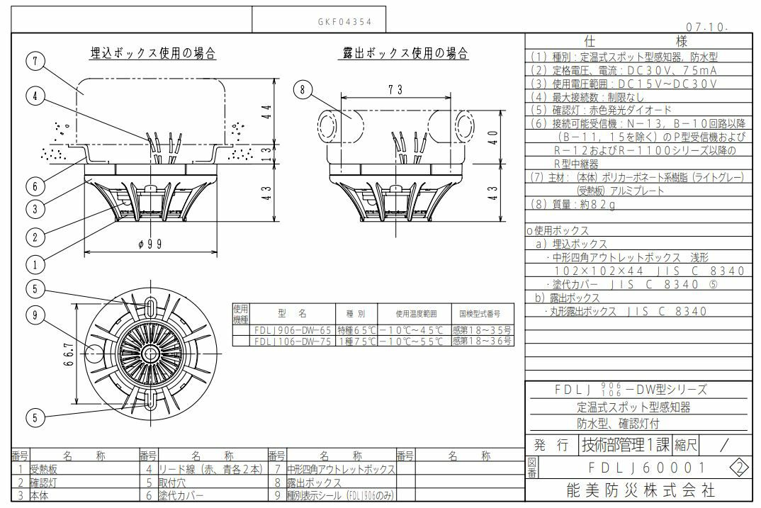 FDLJ106-DW-75 能美防災 1種／露出型 定温式スポット型感知器 防水型