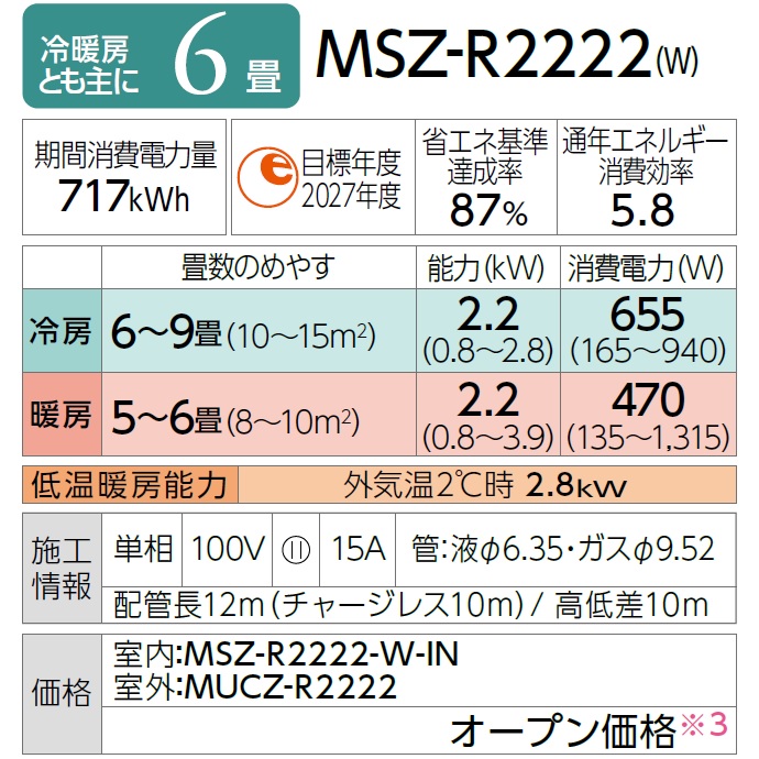 MITSUBISHI(三菱電機) 2.2kW 主に6畳用 ルームエアコン 『霧ヶ峰 R