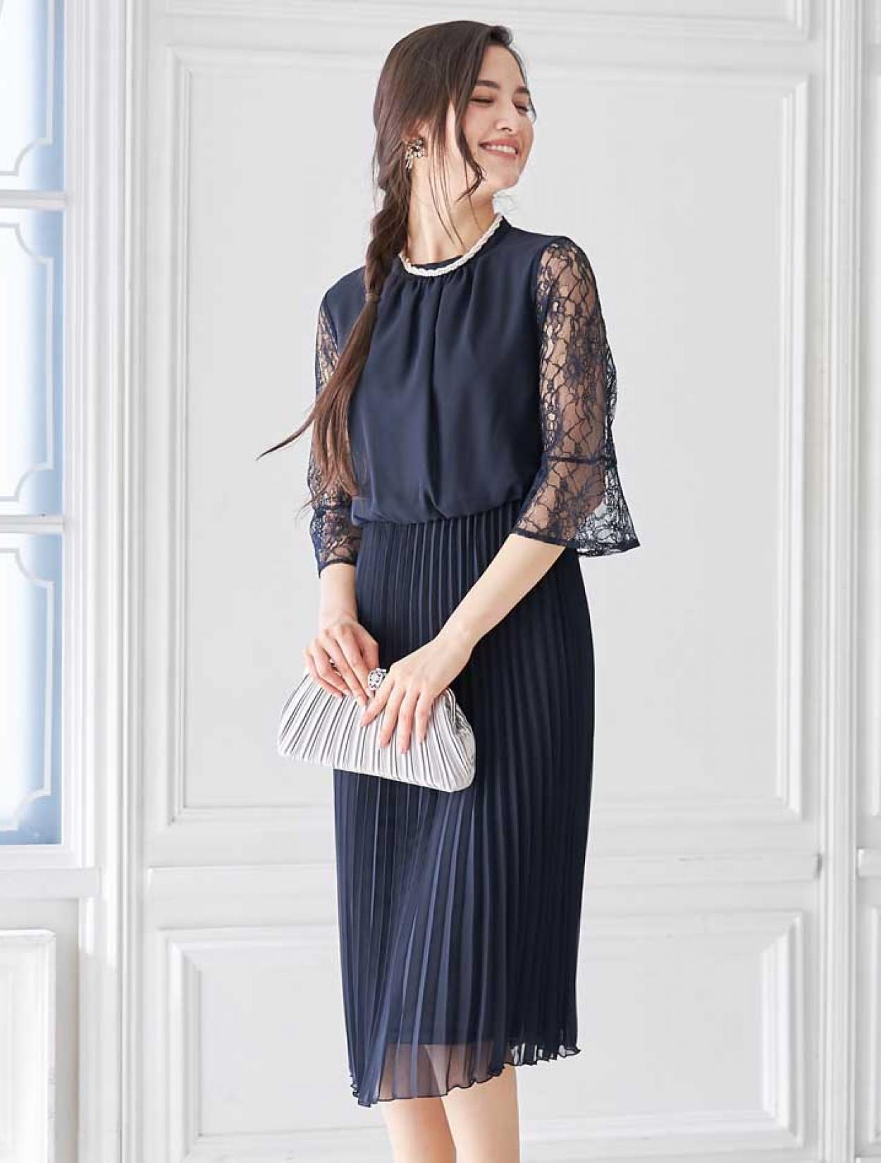 M】スタンドネックプリーツミモレ丈ドレス（ネイビー）DPSET0400の