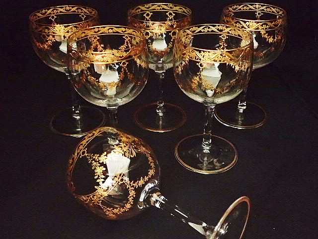 モーゼル金彩 薔薇ガーランドのワイングラス6点セット - 薔薇と天使の