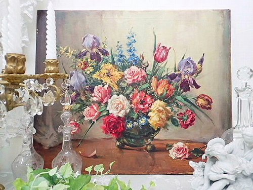 優美 薔薇のある静物画 油絵 - 薔薇と天使のアンティーク