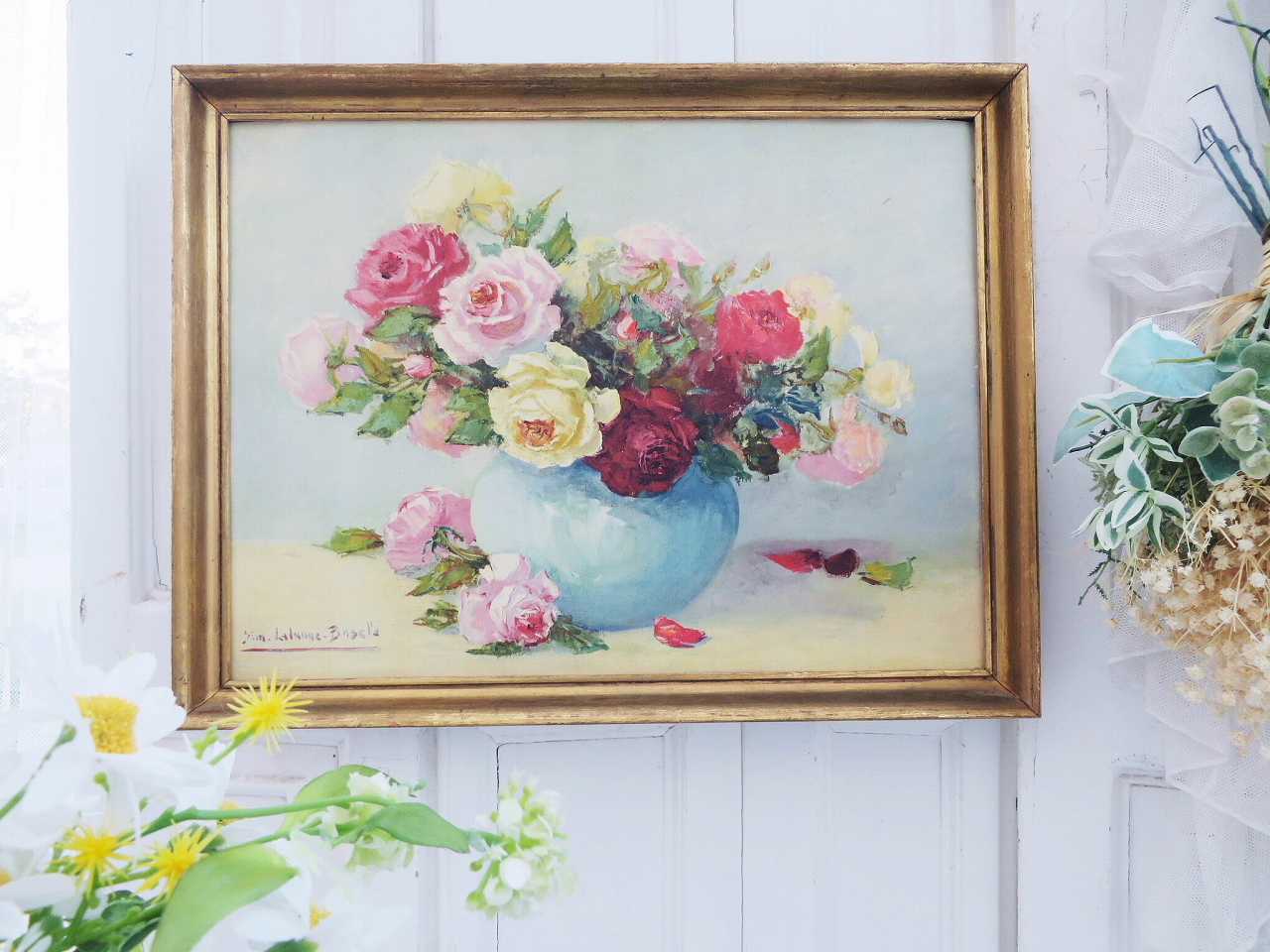 薔薇の油絵『薔薇のある風景』 - 薔薇と天使のアンティーク