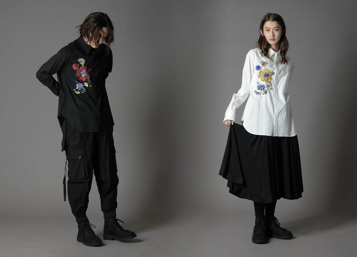 ヨウジヤマモト「グラウンド ワイ」スリムな”中華花刺繍”シャツ、大阪