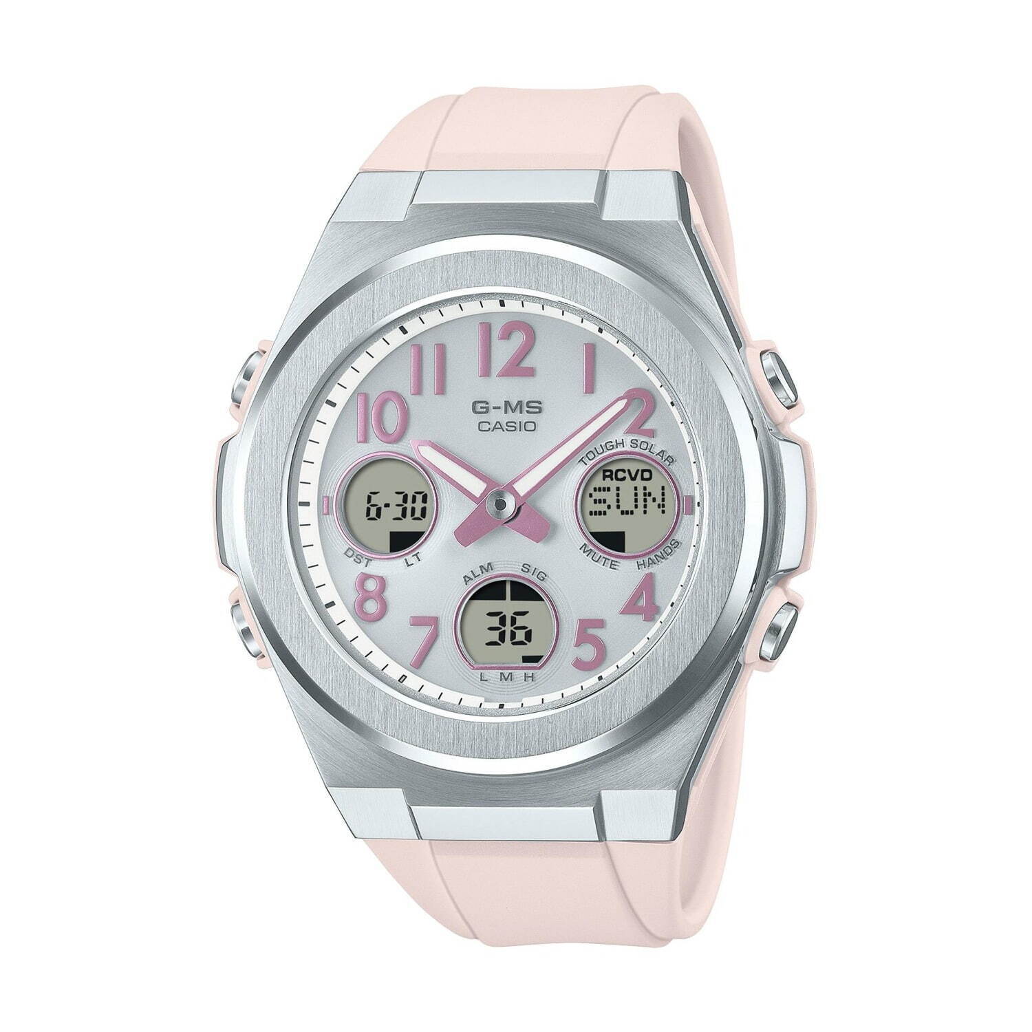 BABY-G「ジーミズ」ニュアンスカラーのソーラー腕時計、ピンクバンド