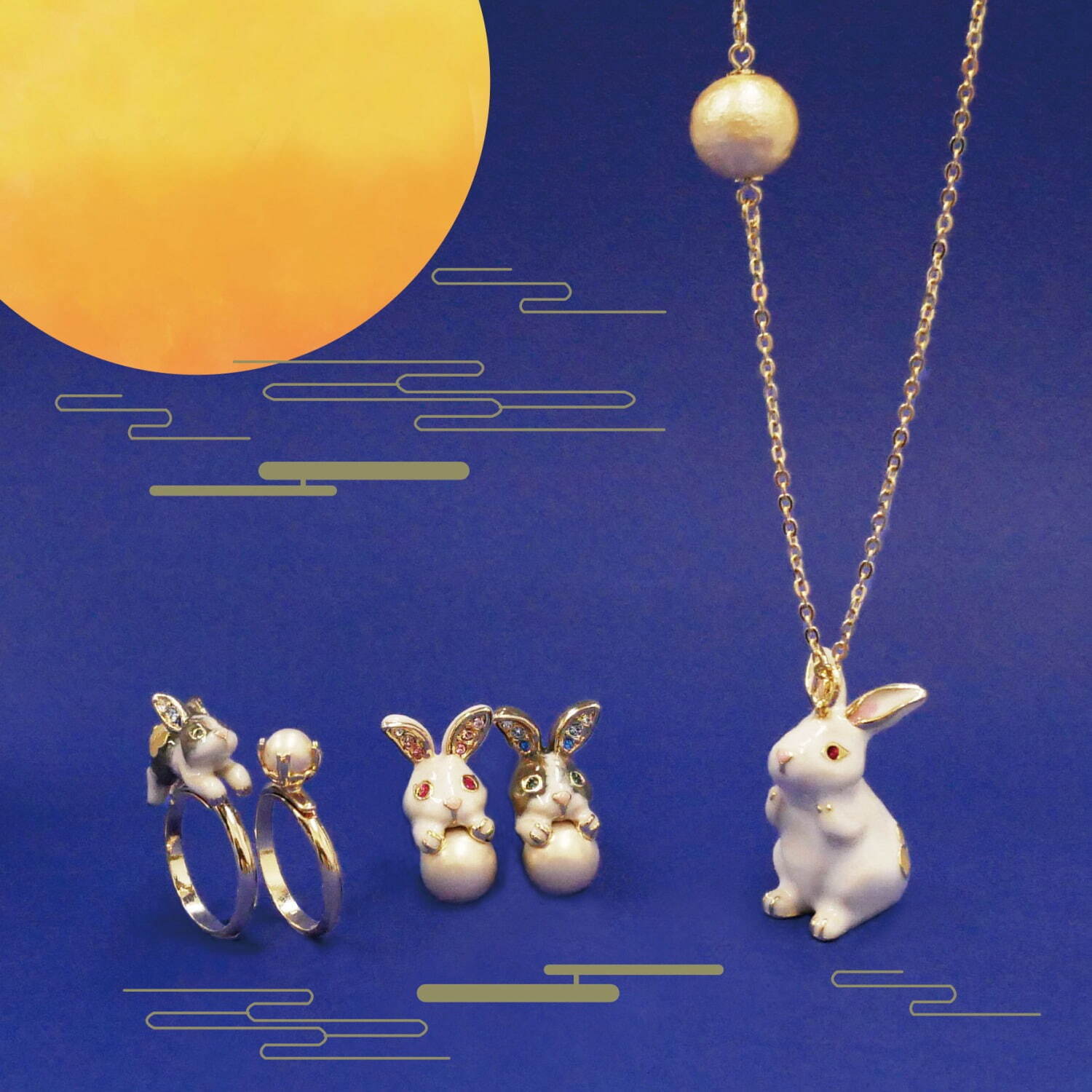アナ スイの23年干支「うさぎ」アクセサリー、満月風ゴールドパール