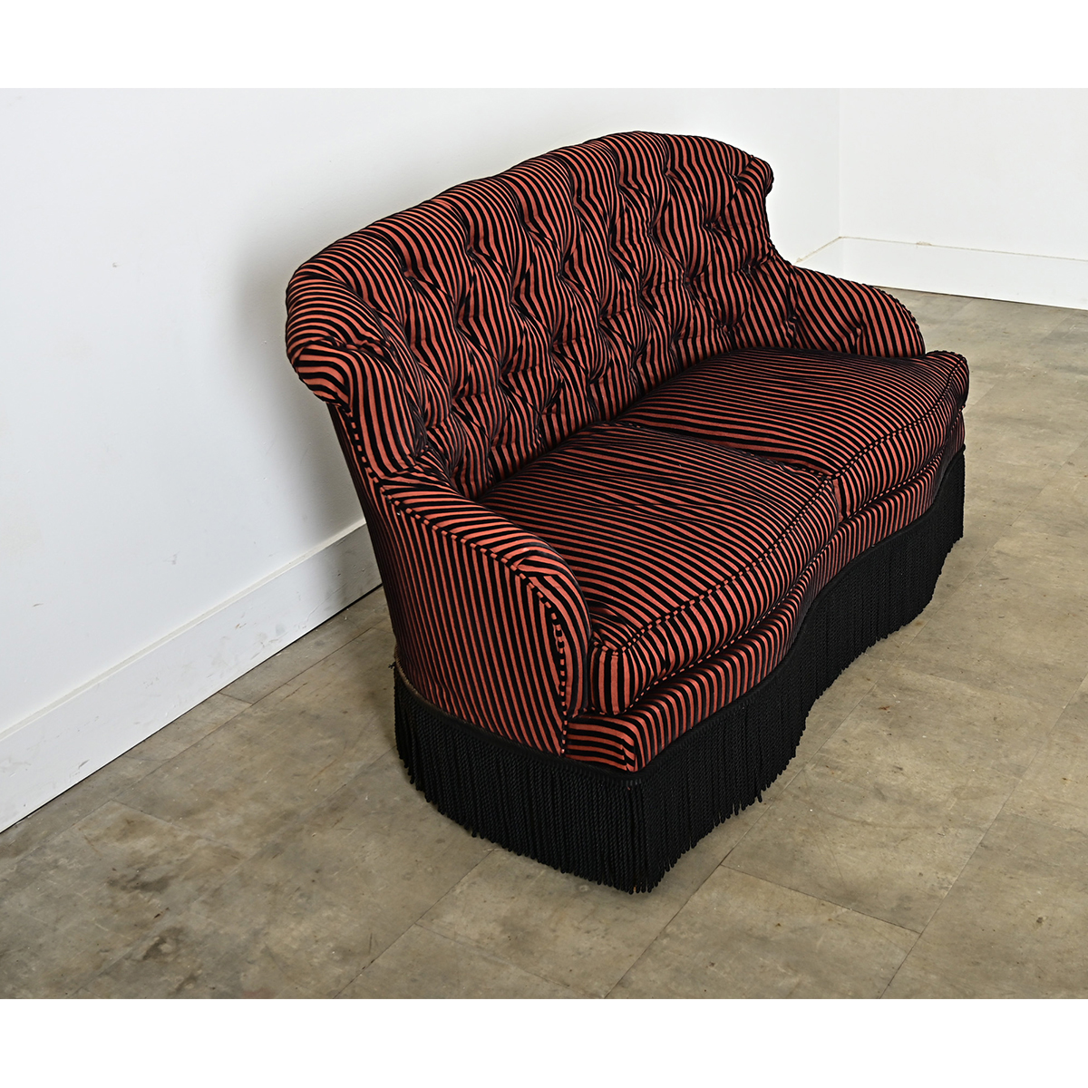 French Vintage Tufted Parlor Sofa in Striped Velvet & Fringe