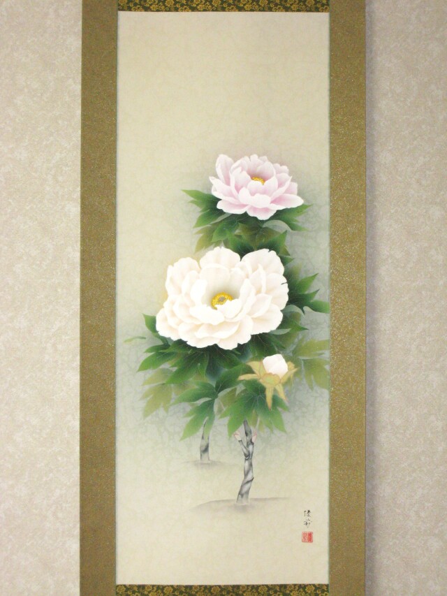 掛け軸 牡丹（ぼたん）◇鈴木優莉（真作・新品）太巻